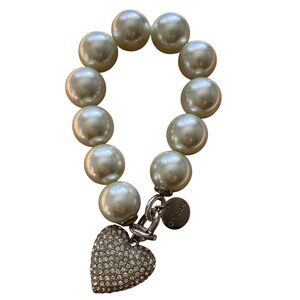 Chico's Pearl Bracelet with Rhinestone-Covered Heart & Chico's Logo Tag